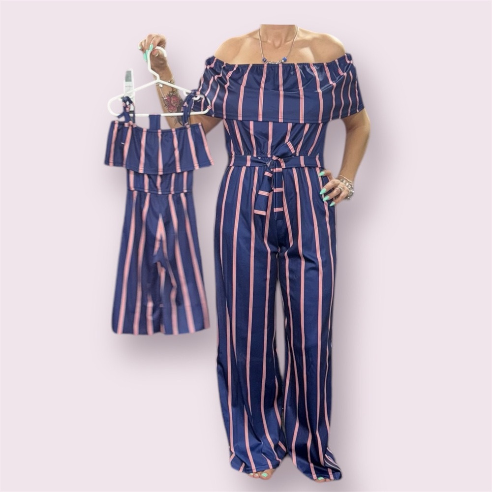 MOMMY AND ME Striped Off-Shoulder Jumpsuit - Navy and Pink